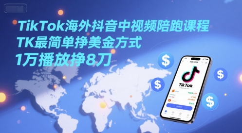 TikTok海外抖音中视频陪跑课程，TK最简单挣美金方式，1万播放挣8刀-Zv头条