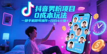 抖音男粉项目0成本玩法，一部手机即可操作，日均4张+，时间自由-Zv头条