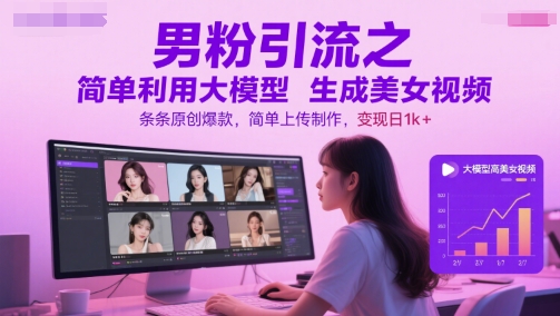 男粉引流之简单利用大模型生成美女视频，条条原创爆款，简单上传制作，变现日1k+-Zv头条